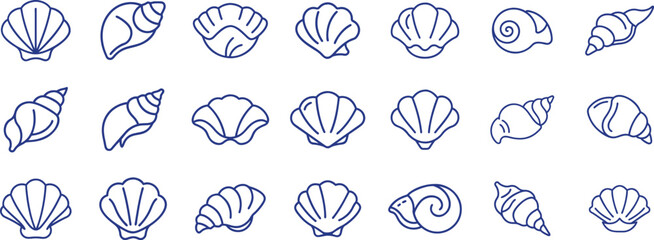Set of 21 seashells outline icon, summer sea beach element
