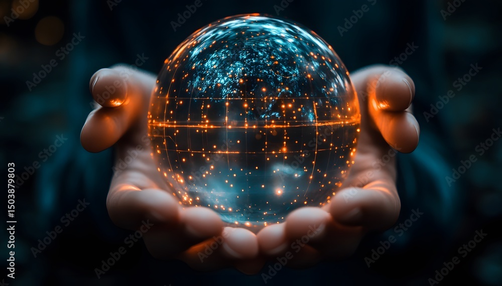 Poster ethereal sphere of light representing cosmic universe in hands