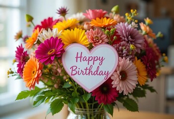 Colorful Flower Bouquet with Heart Shaped Birthday Card