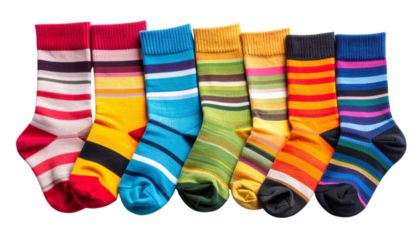 Vibrant patterned socks, a colorful addition to everyday wear. The socks are arranged against the clean, isolated space, showcasing their stripes and hues isolated on solid white background