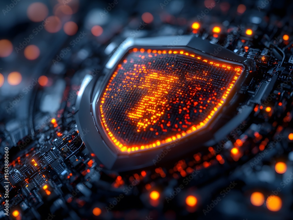 Poster Digital Shield Graphic with Glowing Elements and Circuit Design