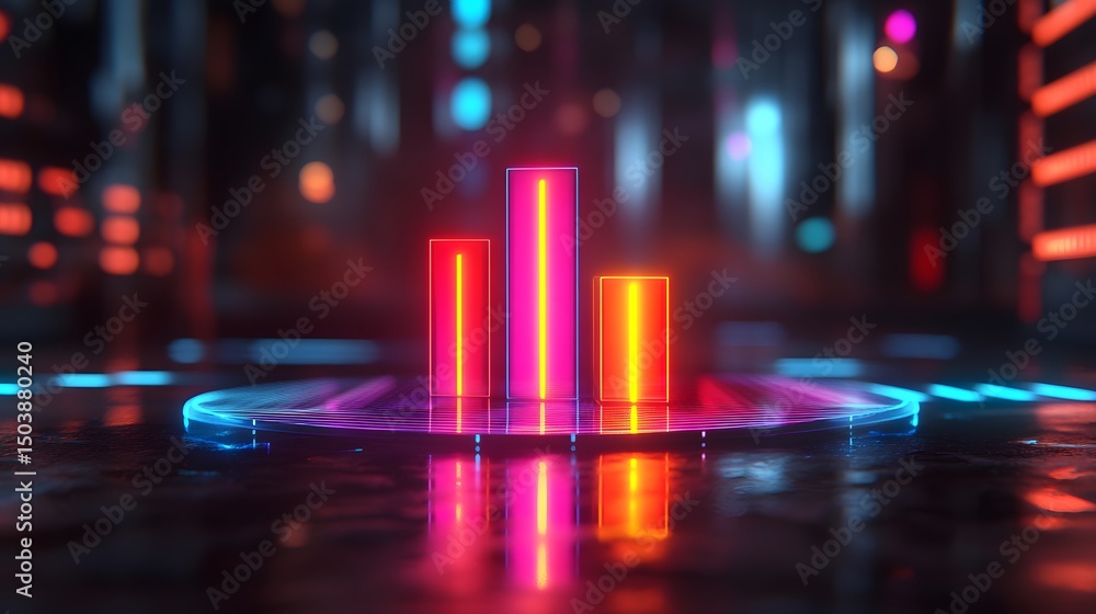 Poster modern neon bar graph on a futuristic backlit surface