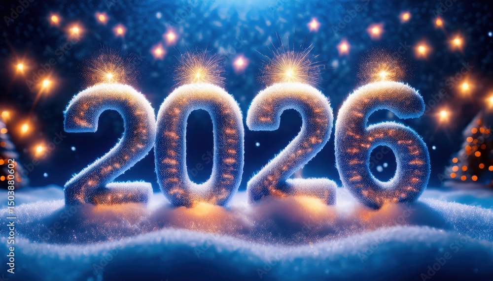 Poster glowing 2026 winter candle numbers on snow with festive lights and bokeh for new year design, holida