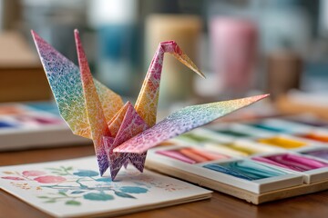 Colorful origami crane with elegant folded wings against blurred background. Pastel children's activity card with creative animal illustrations in rainbow colors.