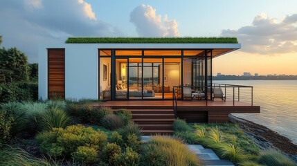 Obraz premium Modern waterfront cabin at sunset