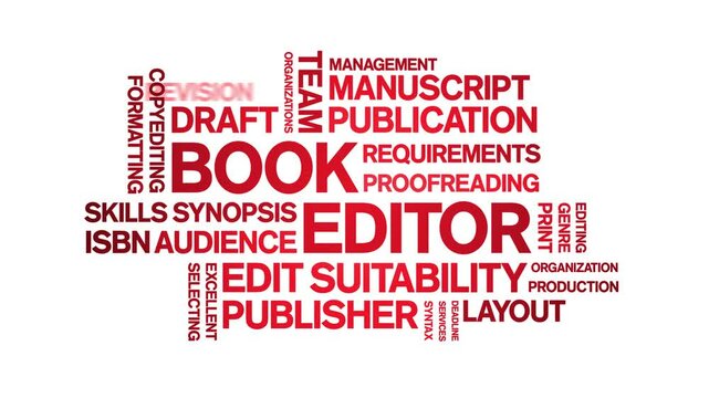 Book Editor animated word cloud;text design animation tag kinetic typography seamless loop.