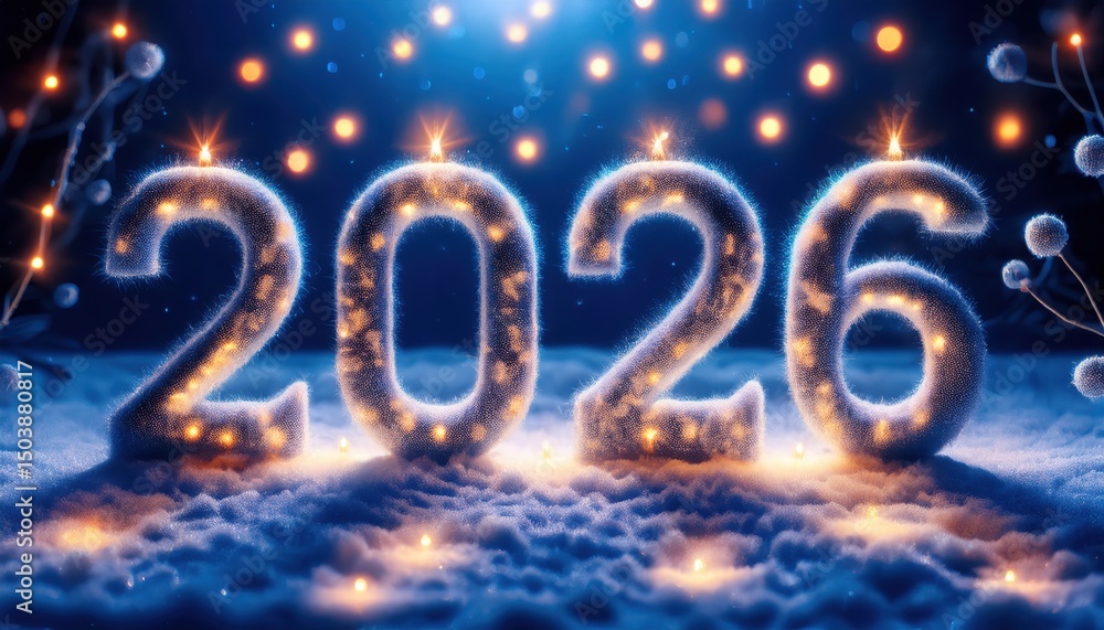 Poster glowing 2026 winter candle numbers on snow with festive lights and bokeh for new year design, holida