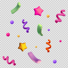 Baloon 3D Bubble Confetti. 3d Decoration vector Isolated Shape. Celebration Party Star Ribbon Swirl Colorful Festive Ball Curl Glossy Bright floating 3D party elements on transparent background