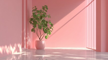 Minimalist Pink Room with Plant and Sunlight