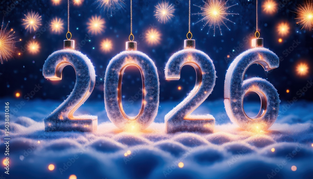 Poster glowing 2026 winter candle numbers on snow with festive lights and bokeh for new year design, holida