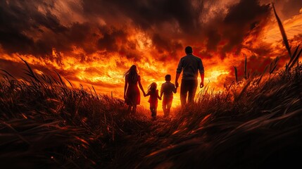 Fototapeta premium Family silhouette at fiery sunset.