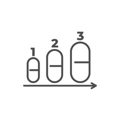Vector icon showing three capsule pills with numbers and arrow, symbolizing phases of clinical drug trials, treatment stages, or dosage progression. Line style for medical use.