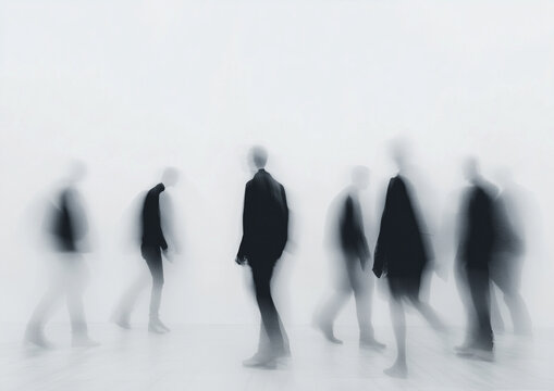 Blurred silhouettes of people walking in minimalist white space with motion blur effect, representing modern life, isolation, identity, urban anonymity and conceptual art photography themes