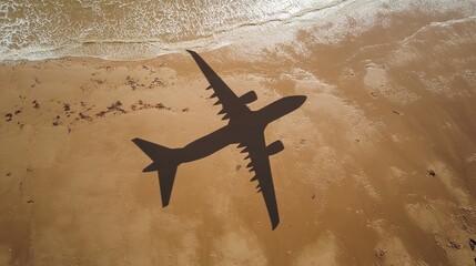 An airplane silhouette flying over lovely beach with clear waves and sand offers setting for summery fun and tour planning notion, Generative AI.