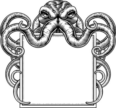 A Cthulhu octopus or Cthulu tentacle kraken monster holding a sign with copy space. In a vintage woodcut style.