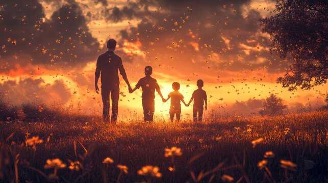 Silhouettes of a father and two sons walking hand-in-hand at sunset.