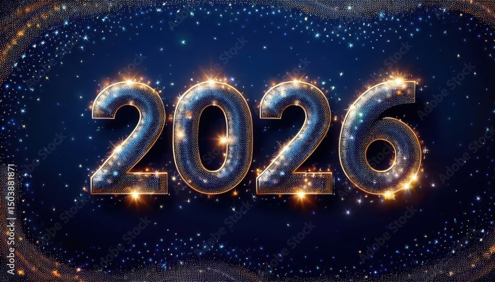 Poster glowing 2026 new year numbers formed by sparkling light particles on a cosmic blue background for ce