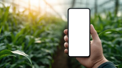 hand holding phone with blank white screen. blur green house background, clean lighting