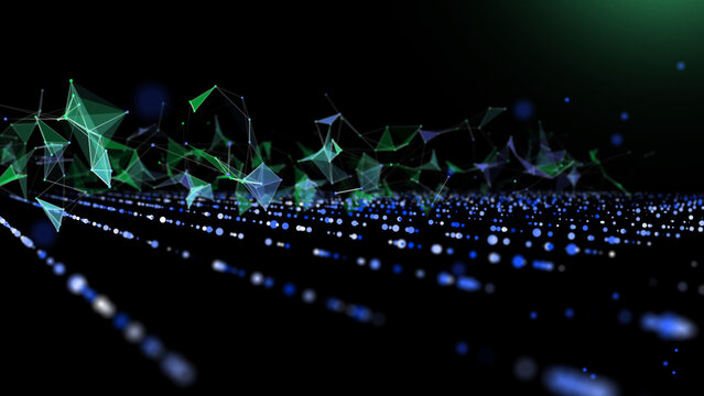 Futuristic background grid quantum computing from array dots in rows with polygons broken data on dark. Digital technology concept research lost bytes in cyberspace. Big data.