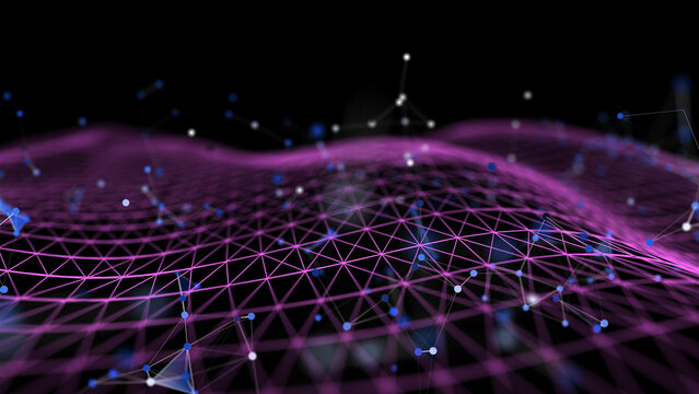 Futuristic background wavy grid quantum computing with poligons broken data.  Digital technology concept research lost bytes in ciberspace.