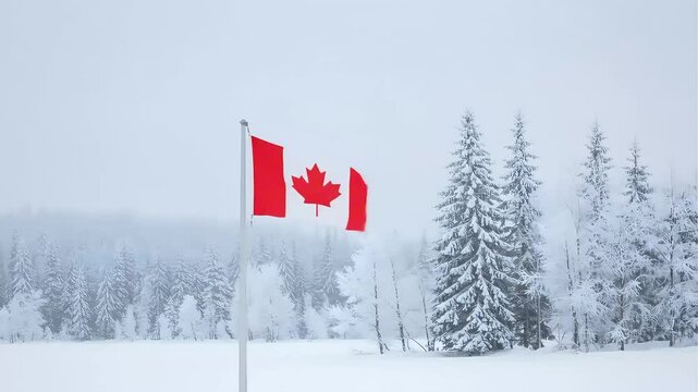 Celebrating Canadian Independence A Flag of Freedom, Unity, Patriotism, and Democracy Waves in Winter Wonderland