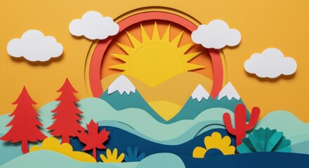 Paper cutout landscape sunset scene with mountains trees and cactus