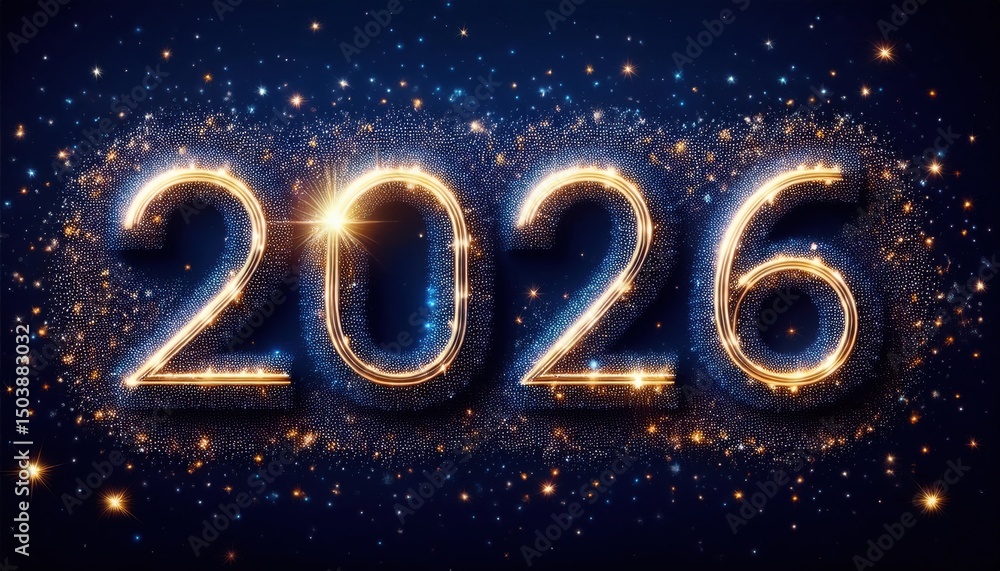 Poster glowing 2026 new year numbers formed by sparkling light particles on a cosmic blue background for ce