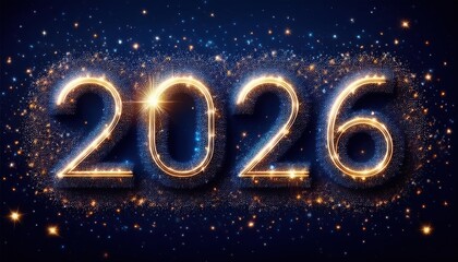 glowing 2026 new year numbers formed by sparkling light particles on a cosmic blue background for celebration banner, website header, digital greeting card, or event branding design
