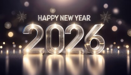  glowing glass 2026 new year text with festive bokeh lights on dark background for luxury celebration poster, website banner, event flyer, or digital greeting card design