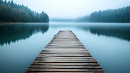 Serene lake reflects misty forest across a wooden pier extending into calming waters