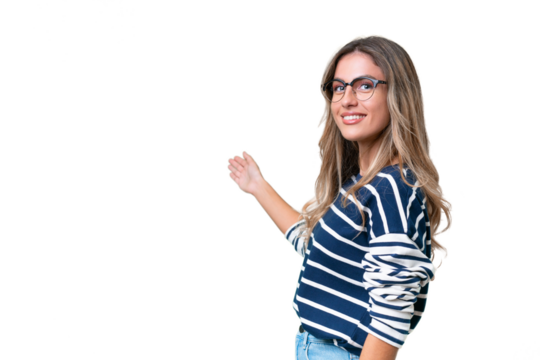 Young Uruguayan woman over isolated background extending hands to the side for inviting to come