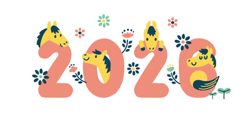 2026年　午年の年賀状素材　白馬のイラストモチーフ　パステル