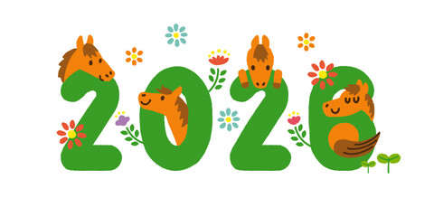 2026年　午年の年賀状素材　白馬のイラストモチーフ　春