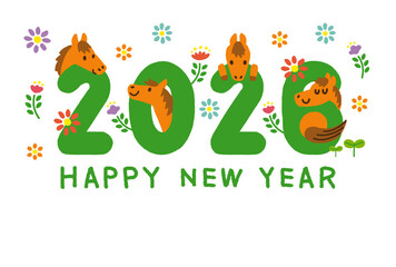 年賀状　2026年　令和八年　午年　馬 　白背景