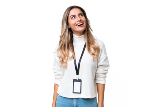 Young Uruguayan woman with ID card over isolated background laughing