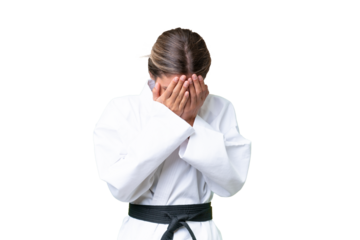 Young Uruguayan woman doing karate over isolated background with tired and sick expression