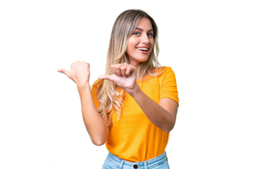 Young Uruguayan woman over isolated background pointing to the side to present a product