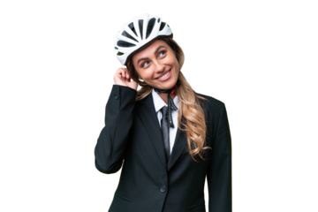 Business Uruguayan woman wearing a helmet biker over isolated background thinking an idea