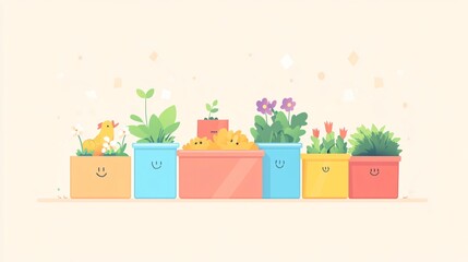 colorful flat vector illustration for children, food scraps to biogas and electricity, educational with smiling icons and kid-friendly fonts, pastel background