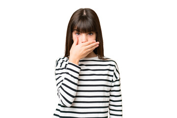 Little caucasian girl over isolated background covering mouth with hand