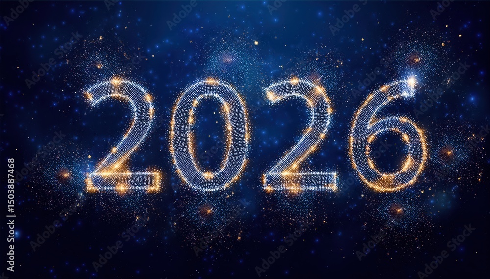 Poster glowing 2026 new year numbers formed by sparkling light particles on a cosmic blue background for ce