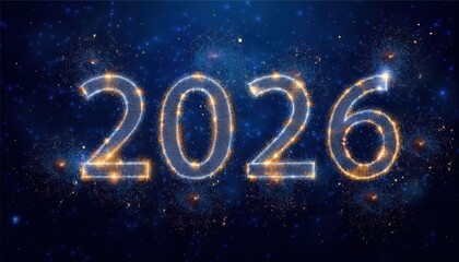  glowing 2026 new year numbers formed by sparkling light particles on a cosmic blue background for celebration banner, website header, digital greeting card, or event branding design