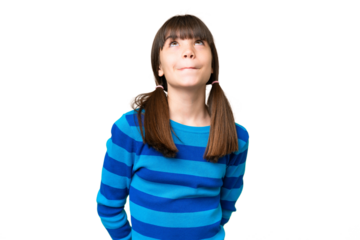Little caucasian girl over isolated background and looking up