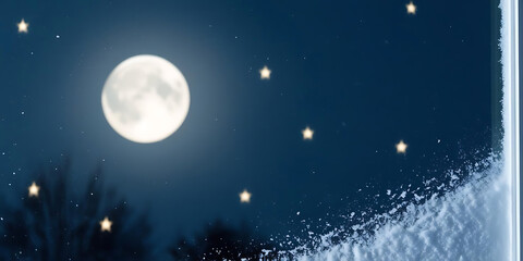 Bright Full Moon Shining Through Frosted Window with Snow


