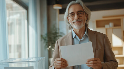 Senior professor with grey hair and beard, wearing glasses and beige jacket, holding blank sheet of paper near transparent ballot box in voting station, looking confident and responsible