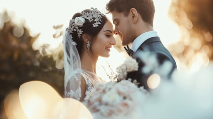 Bride and groom are touching foreheads and smiling, sharing a romantic moment together on their wedding day, with soft lighting and a bouquet of flowers