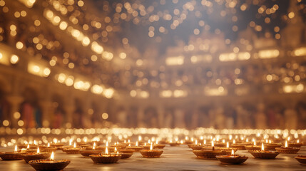Obraz premium festival Janmashtami, glowing diyas on temple floor, blurred crowd background, warm golden gradient with top space