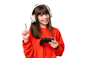Little caucasian girl playing with a video game controller over isolated background showing and lifting a finger in sign of the best
