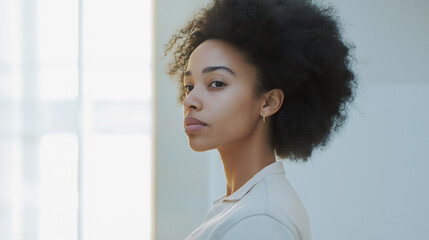 Portrait of a young african american businesswoman with voluminous afro hair standing in profile near a bright window in a modern office, conveying confidence and professionalism