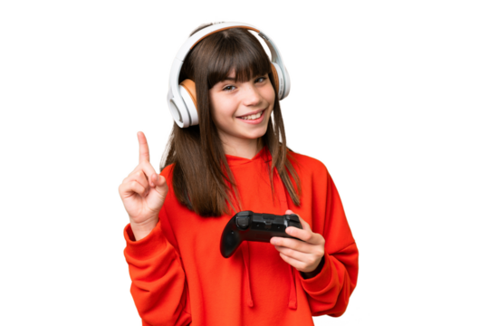 Little caucasian girl playing with a video game controller over isolated background showing and lifting a finger in sign of the best